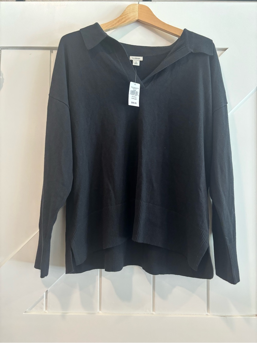 NWT L.L.Bean Cotton Cashmere Polo Sweater Johnny Collar Black 1X Plus